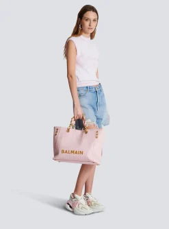 Women Balmain 1945 Soft Tote Bag In Embossed Grained Calfskin With A PB Labyrinth Monogram