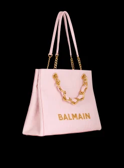 Women Balmain 1945 Soft Tote Bag In Embossed Grained Calfskin With A PB Labyrinth Monogram