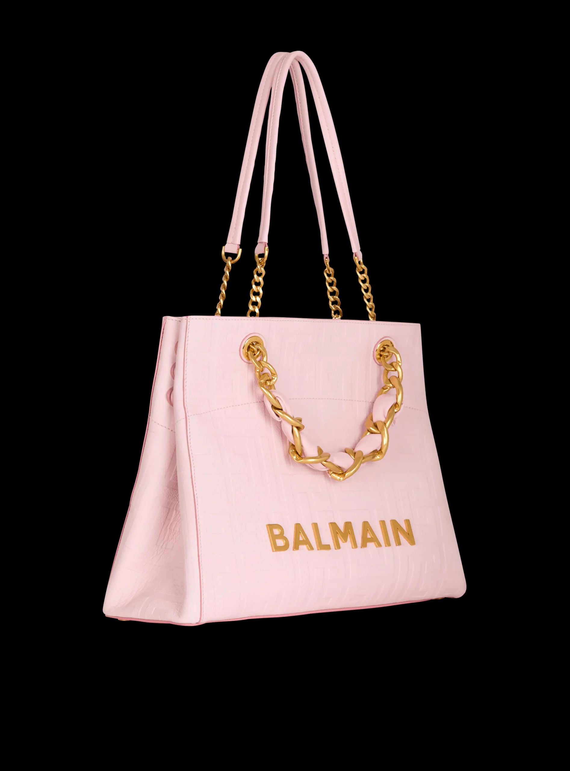 Women Balmain 1945 Soft Tote Bag In Embossed Grained Calfskin With A PB Labyrinth Monogram