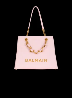 Women Balmain 1945 Soft Tote Bag In Embossed Grained Calfskin With A PB Labyrinth Monogram