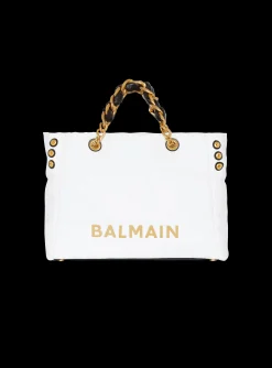 Women Balmain 1945 Soft Tote Bag In Embossed Calfskin With A Grid Motif