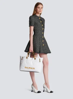 Women Balmain 1945 Soft Tote Bag In Embossed Calfskin With A Grid Motif