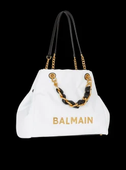Women Balmain 1945 Soft Tote Bag In Embossed Calfskin With A Grid Motif