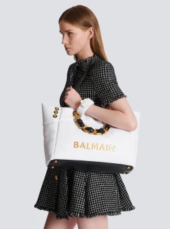 Women Balmain 1945 Soft Tote Bag In Embossed Calfskin With A Grid Motif