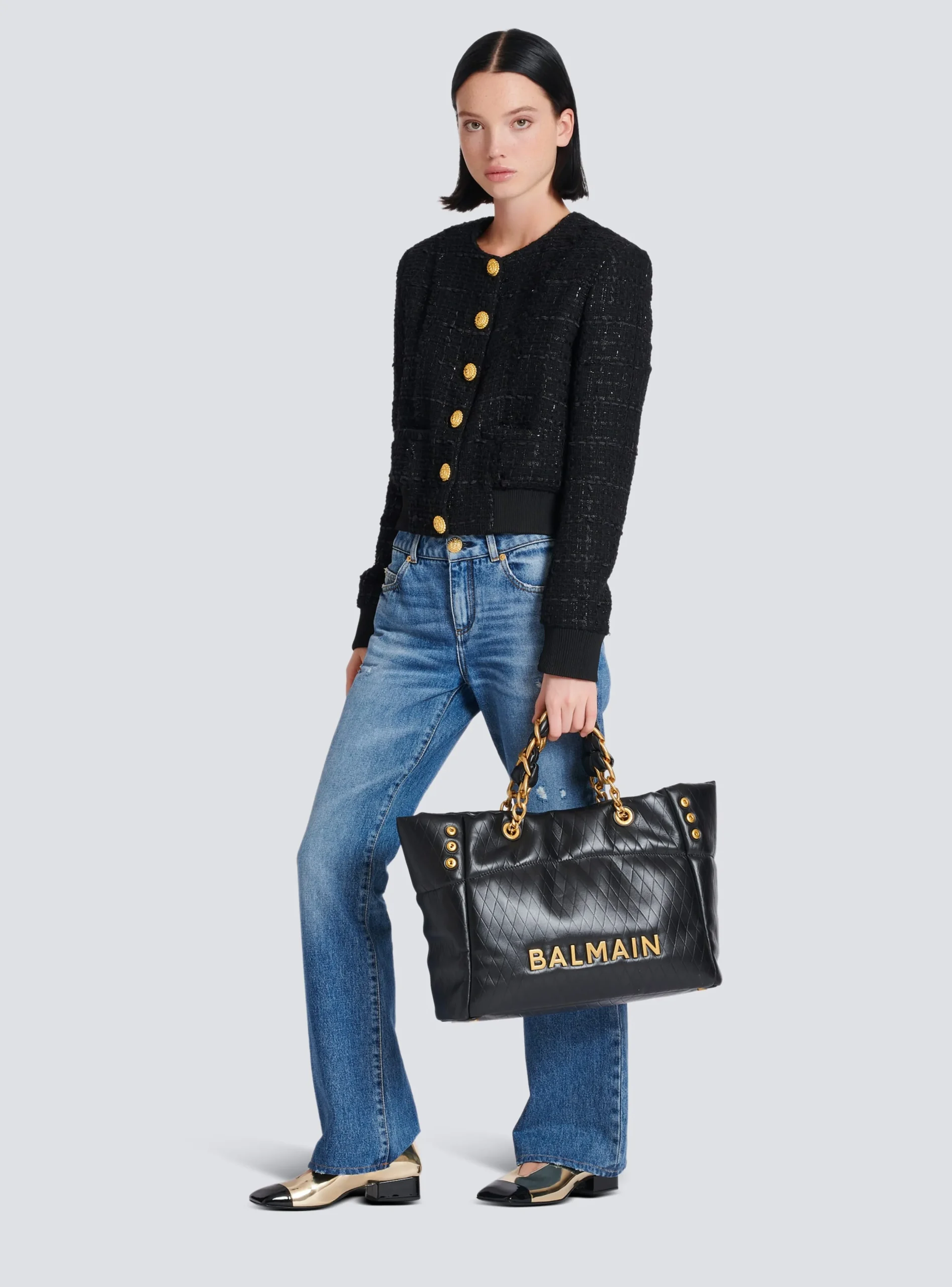 Women Balmain 1945 Soft Tote Bag In Embossed Calfskin With A Grid Motif