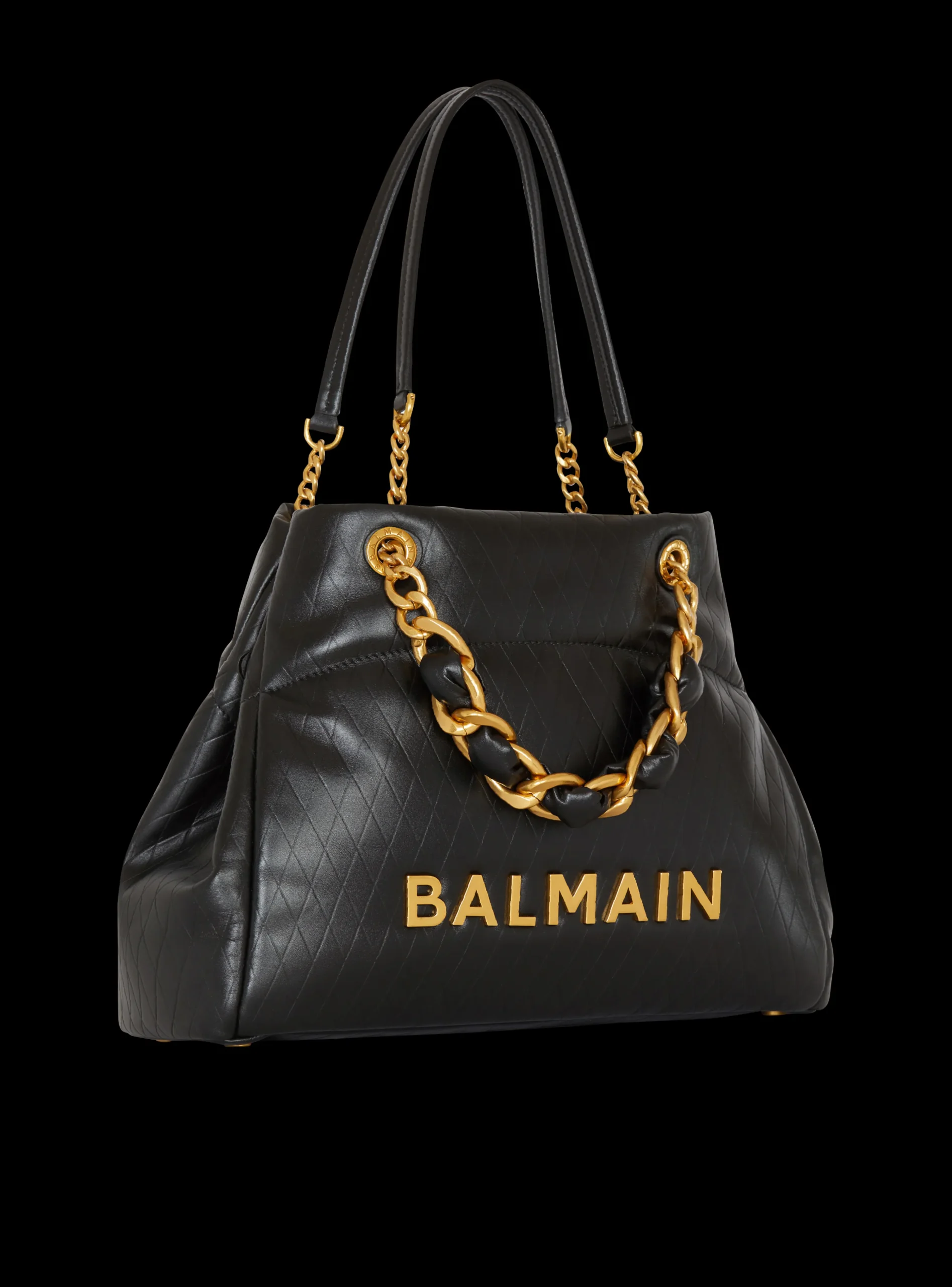 Women Balmain 1945 Soft Tote Bag In Embossed Calfskin With A Grid Motif