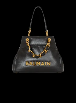 Women Balmain 1945 Soft Tote Bag In Embossed Calfskin With A Grid Motif