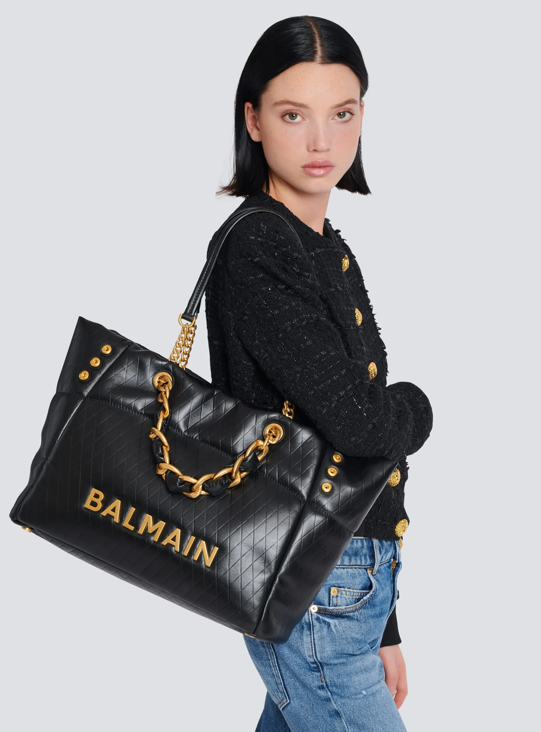 Women Balmain 1945 Soft Tote Bag In Embossed Calfskin With A Grid Motif