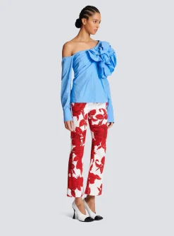 Women Balmain Asymmetric Poplin Shirt With Rose