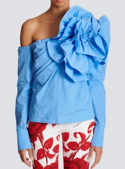 Women Balmain Asymmetric Poplin Shirt With Rose
