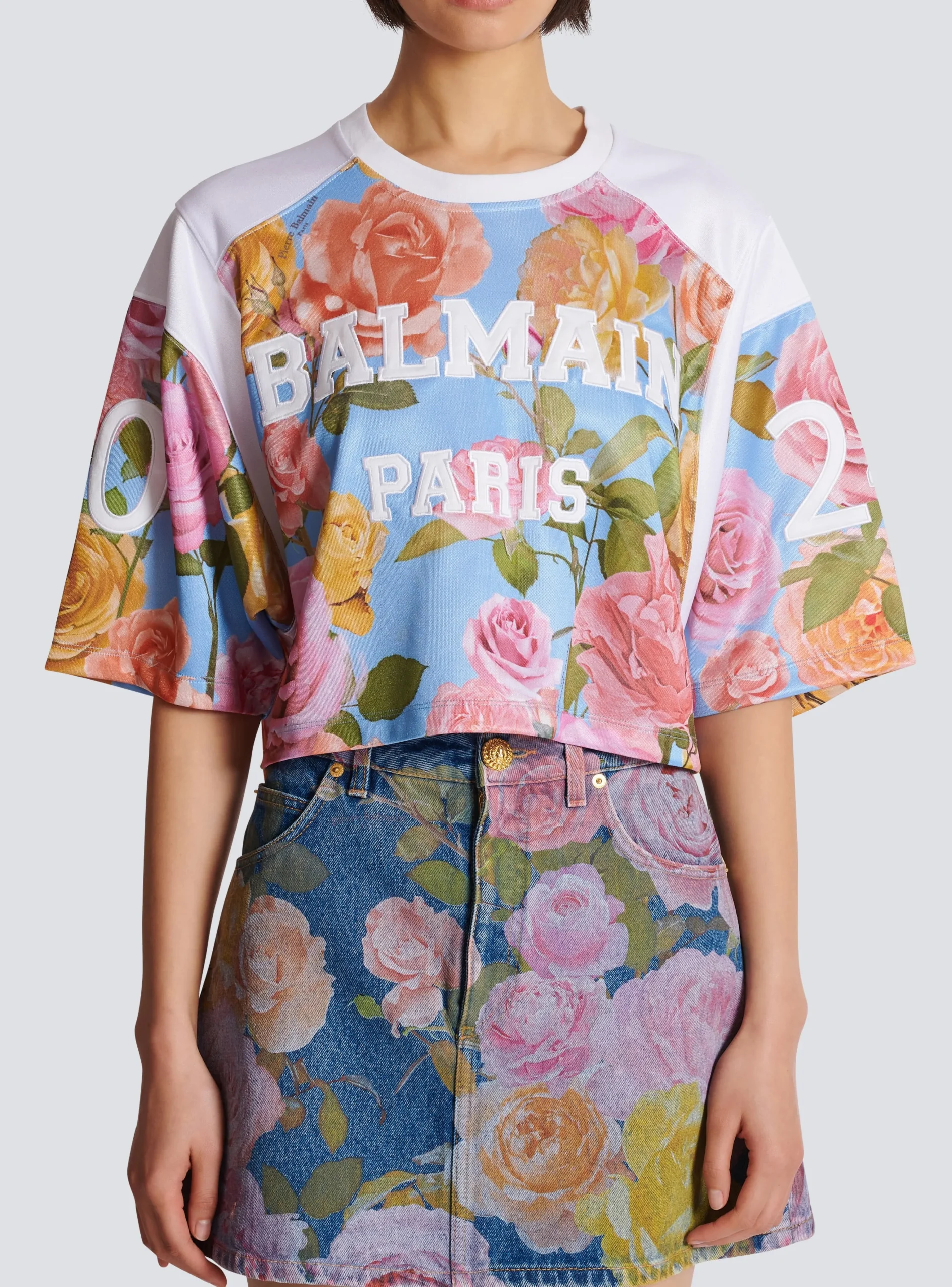 Women Balmain Baseball T-shirt With Pastel Roses Print