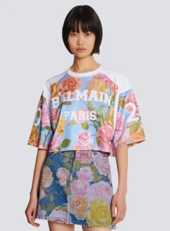 Women Balmain Baseball T-shirt With Pastel Roses Print