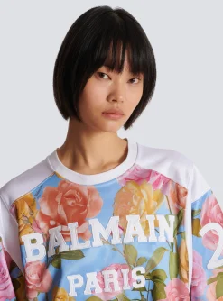 Women Balmain Baseball T-shirt With Pastel Roses Print