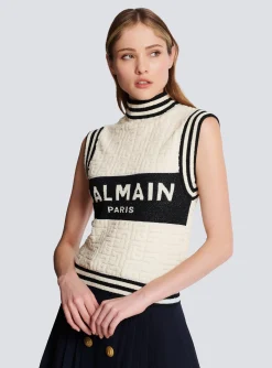 Women Balmain Monogrammed Bouclette Knit Top
