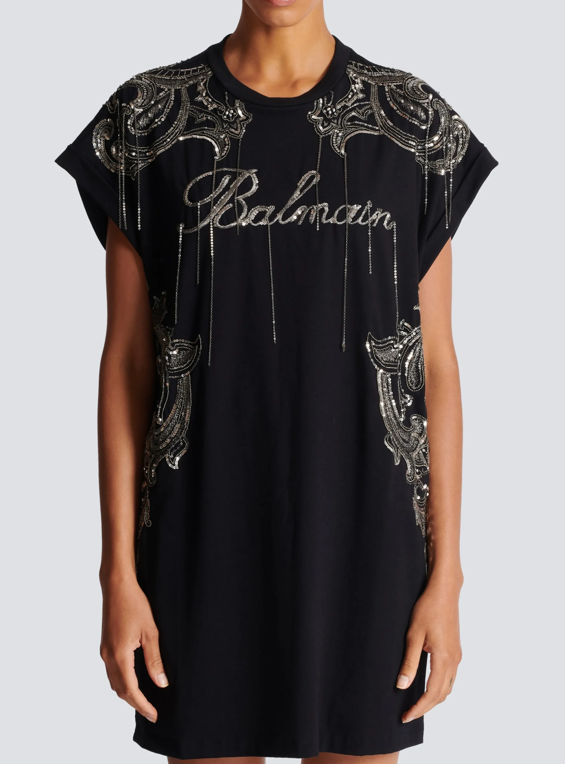 Women Balmain Signature Chain Embroidered T-shirt Dress