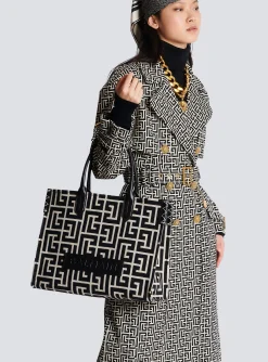 Women Balmain B-Army 42 Monogrammed Jacquard And Leather Tote Bag