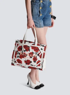 Women Balmain B-Army Medium Canvas Tote Bag With A Roses Print
