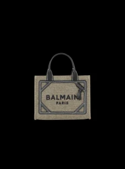 Women Balmain B-Army Mini Canvas Shopping Bag With Leather Inserts