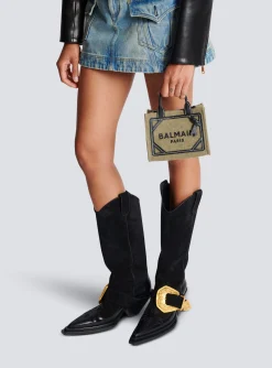 Women Balmain B-Army Mini Canvas Shopping Bag With Leather Inserts