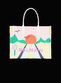 Women Balmain B-Army Shopper Medium Tote Bag In Canvas And Postcard Patchwork Leather