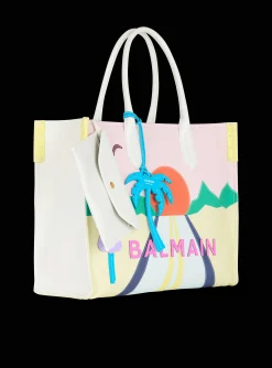 Women Balmain B-Army Shopper Medium Tote Bag In Canvas And Postcard Patchwork Leather