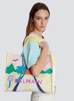 Women Balmain B-Army Shopper Medium Tote Bag In Canvas And Postcard Patchwork Leather