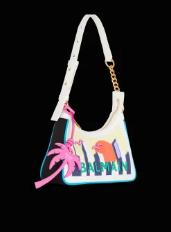 Women Balmain B-Army Shoulder Bag In Calfskin And Printed Postcard Canvas
