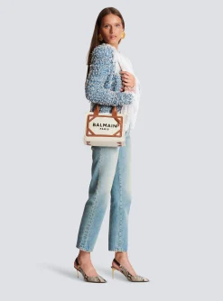 Women Balmain B-Army Small Canvas Shopping Bag With Leather Inserts