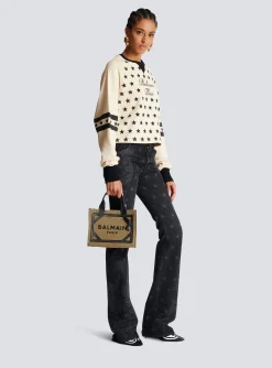 Women Balmain B-Army Small Canvas Shopping Bag With Leather Inserts