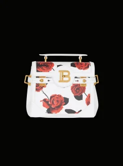 Women Balmain B-Buzz 23 Calfskin Bag With A Roses Print And Embossed Grid Motif