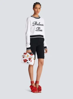 Women Balmain B-Buzz 23 Calfskin Bag With A Roses Print And Embossed Grid Motif