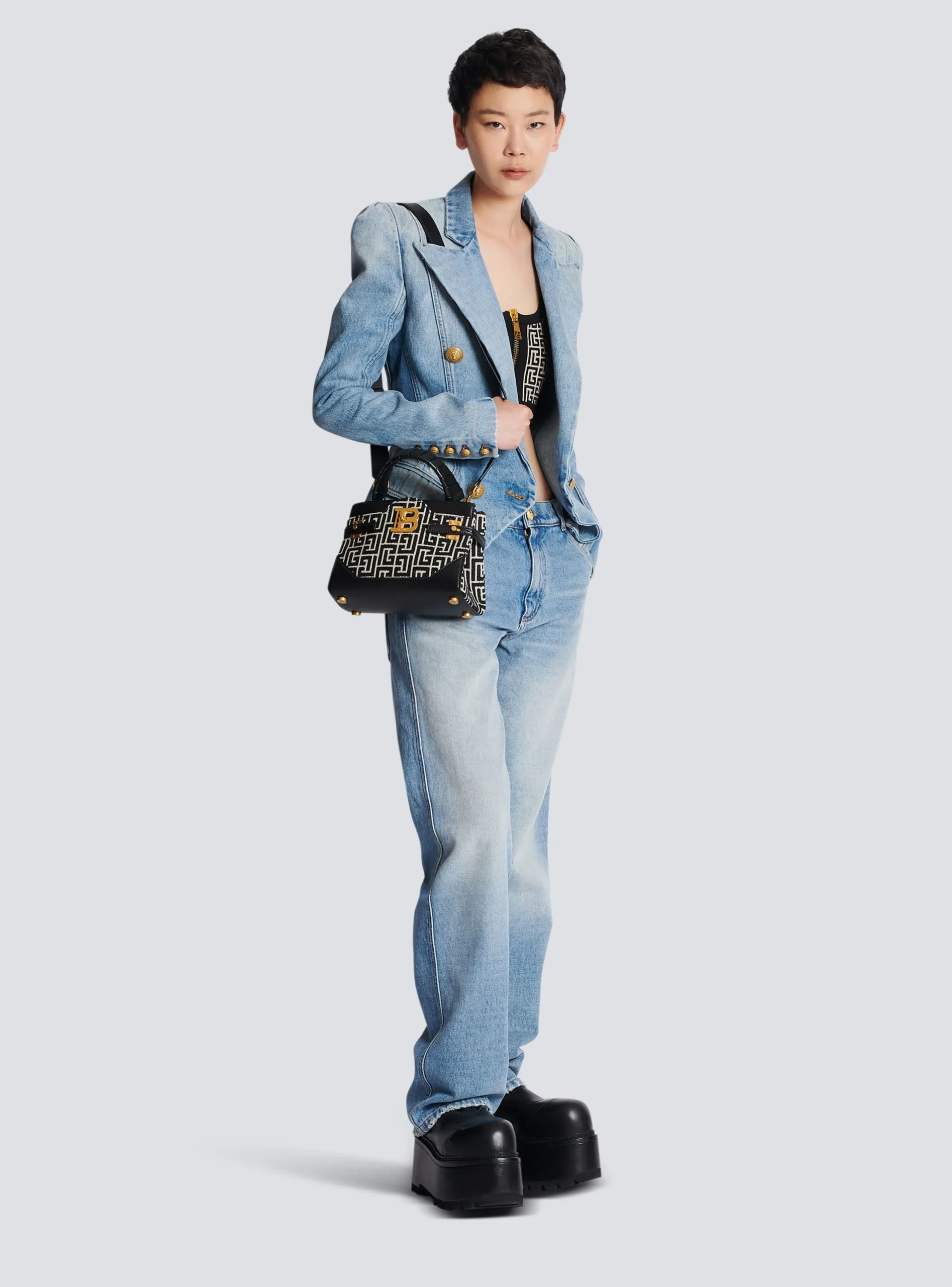 Women Balmain B-Buzz 22 Top Handle Bag In Leather With Jacquard Monogram