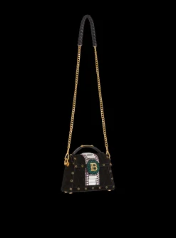 Women Balmain B-Buzz Dynasty Small Suede Bag With Embossed Grid Motif And Embroidery