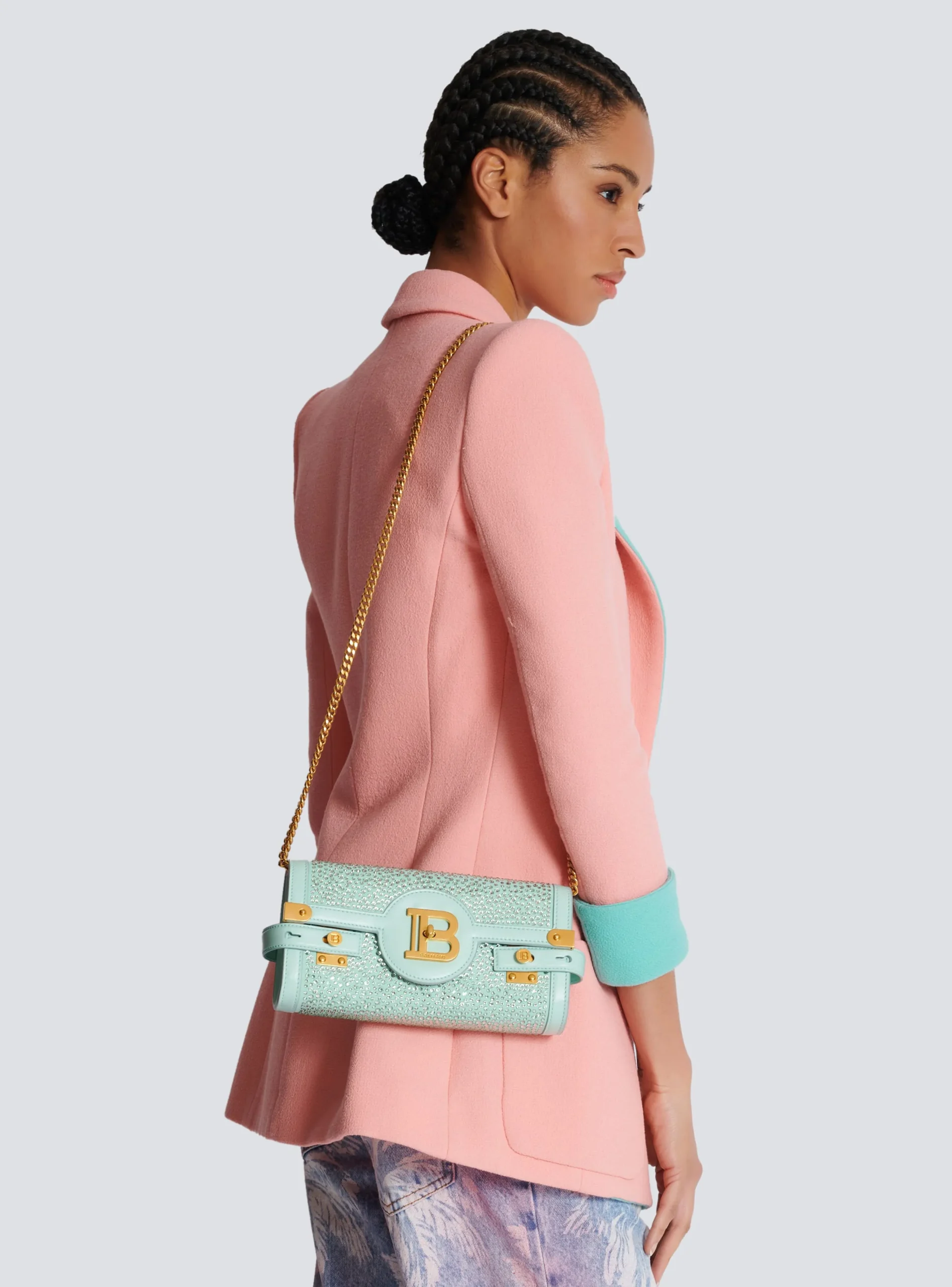 Balmain B-Buzz Pouch 23 In Suede And Rhinestones