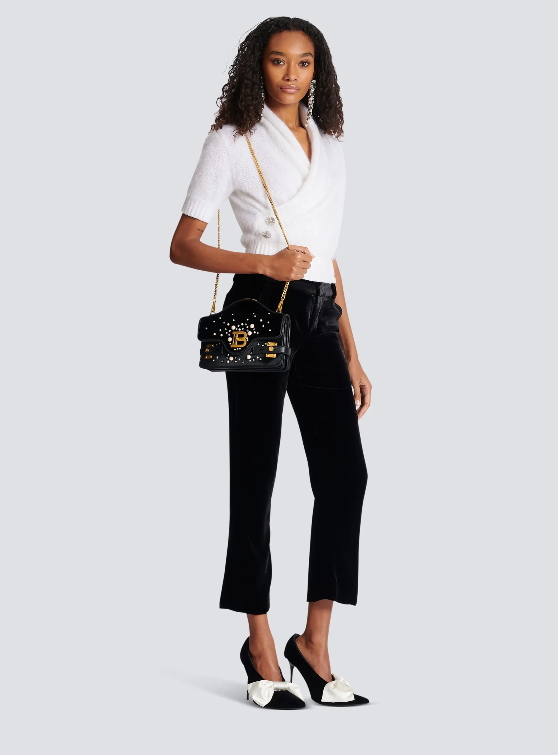 Women Balmain B-Buzz Shoulder 24 Bag In Embroidered Velvet