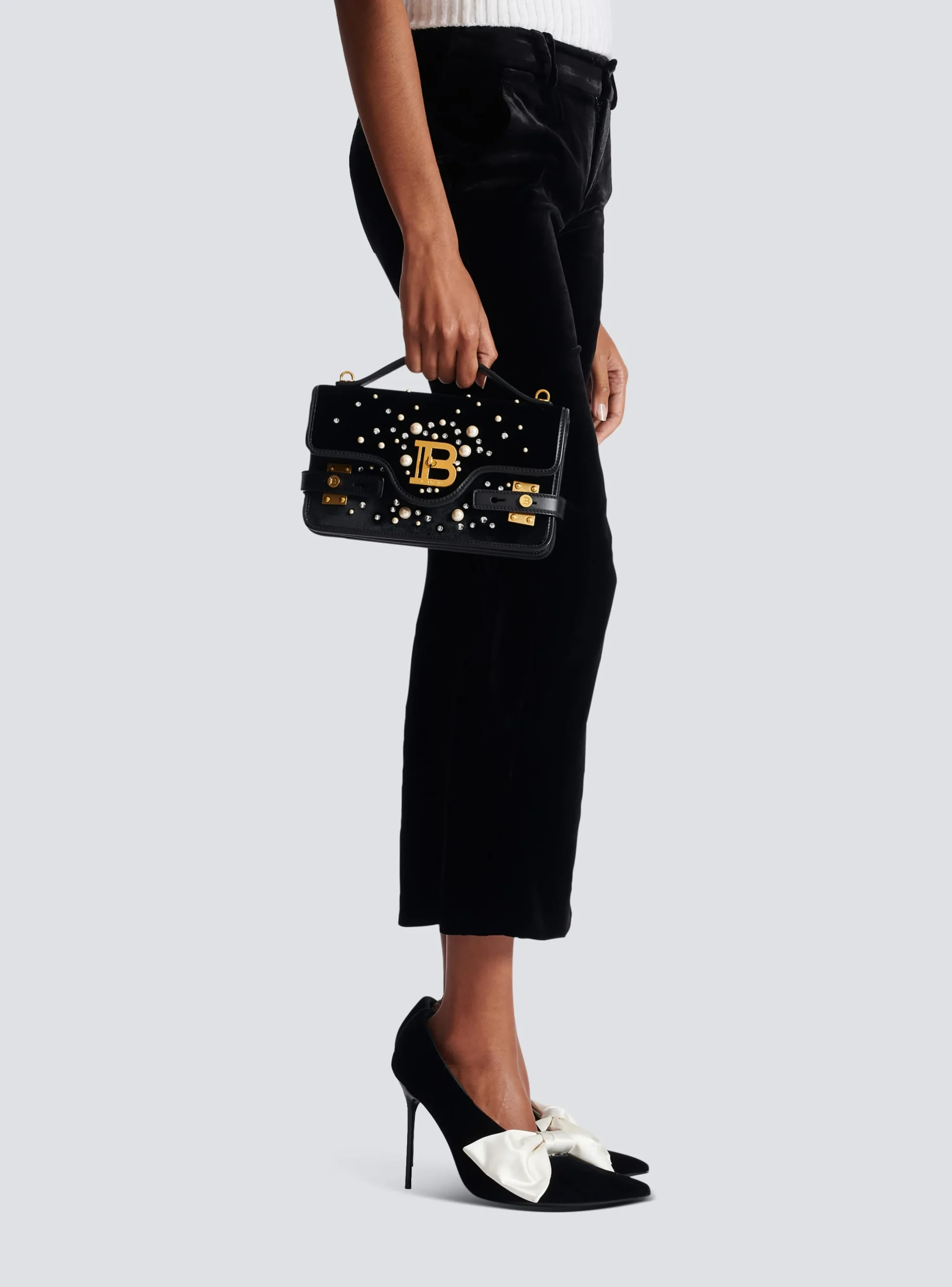 Women Balmain B-Buzz Shoulder 24 Bag In Embroidered Velvet