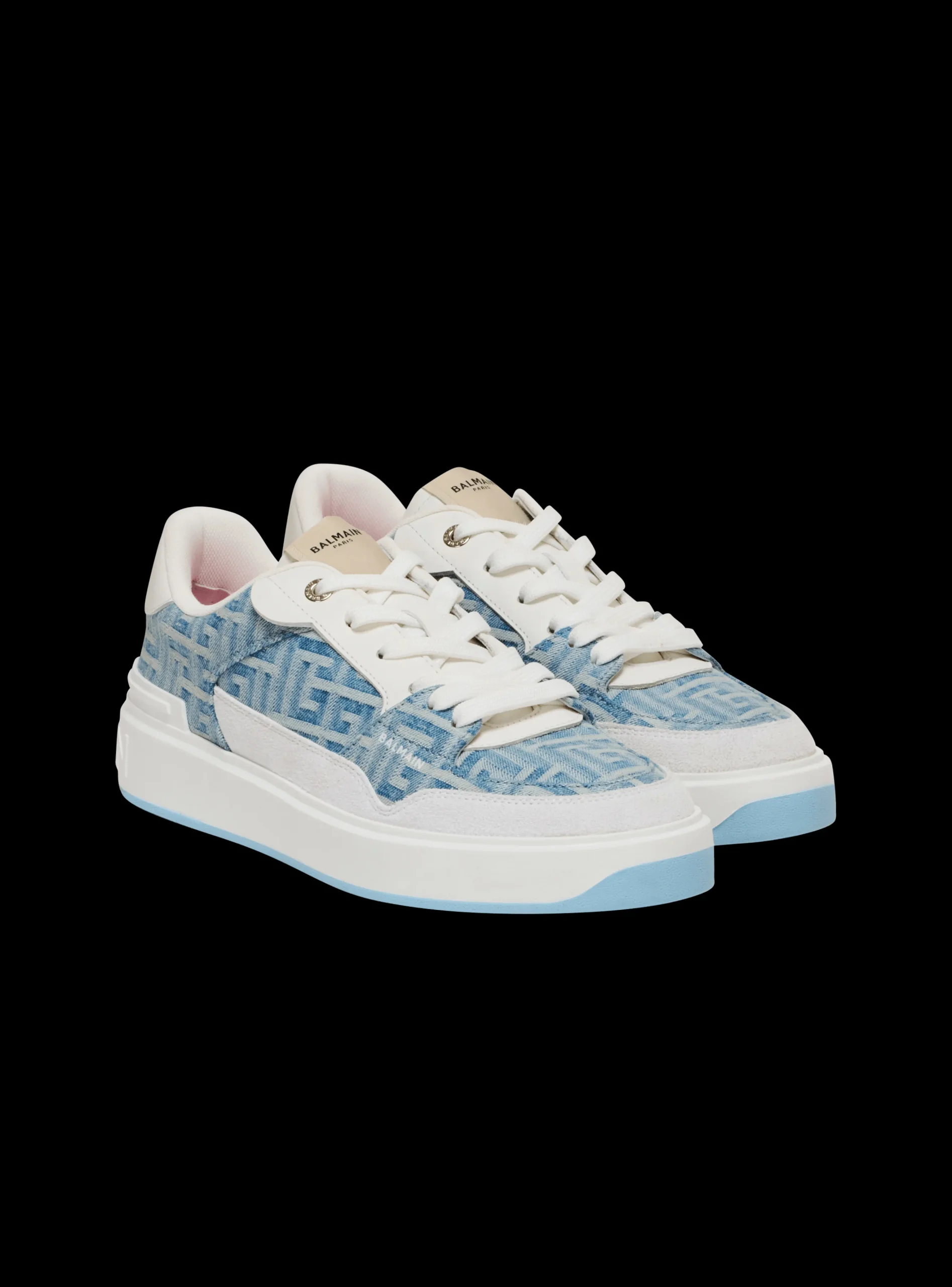 Women Balmain B-Court Flip Trainers In Monogrammed PB Labyrinth Denim