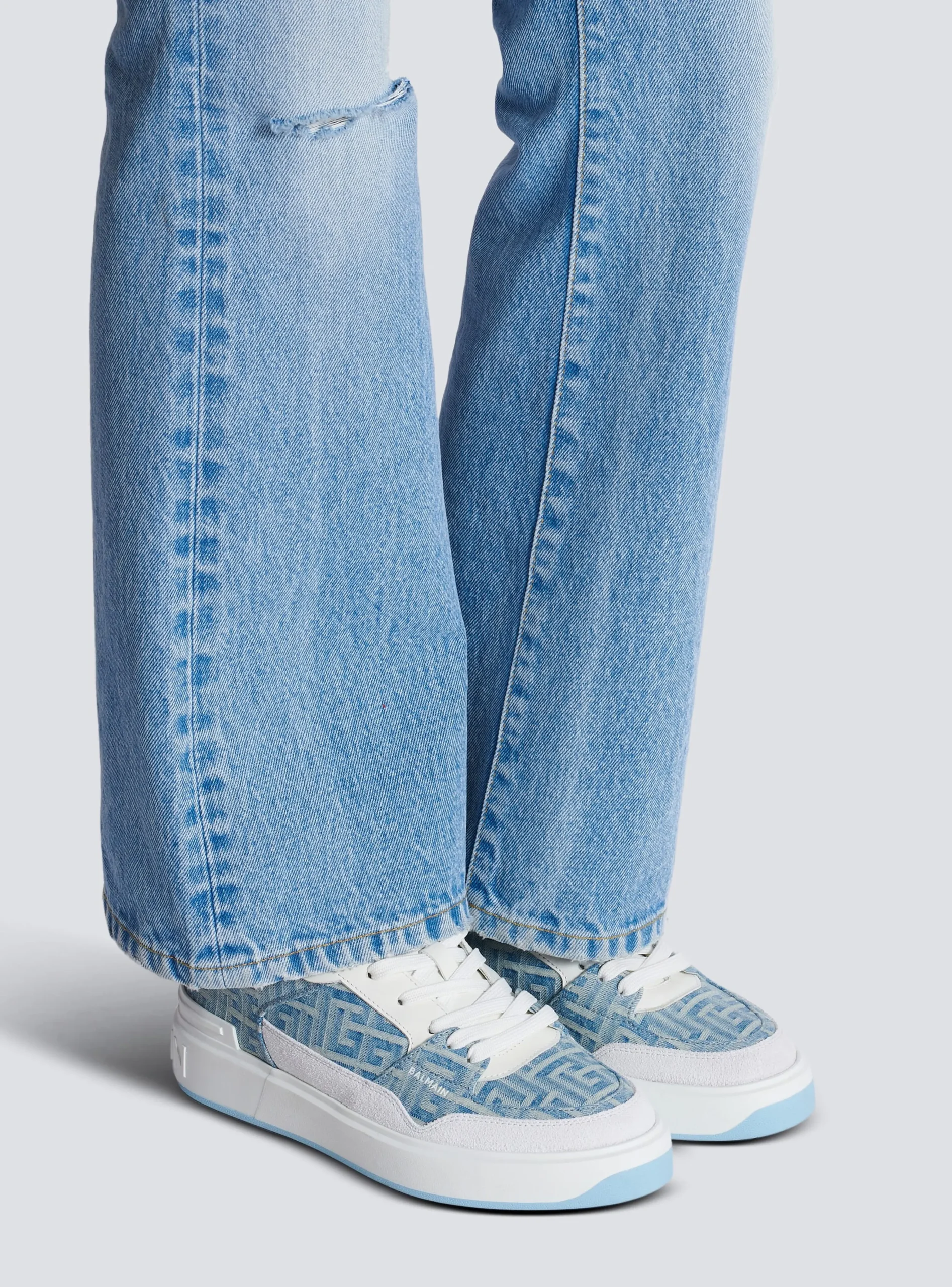 Women Balmain B-Court Flip Trainers In Monogrammed PB Labyrinth Denim