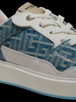 Women Balmain B-Court Flip Trainers In Monogrammed PB Labyrinth Denim