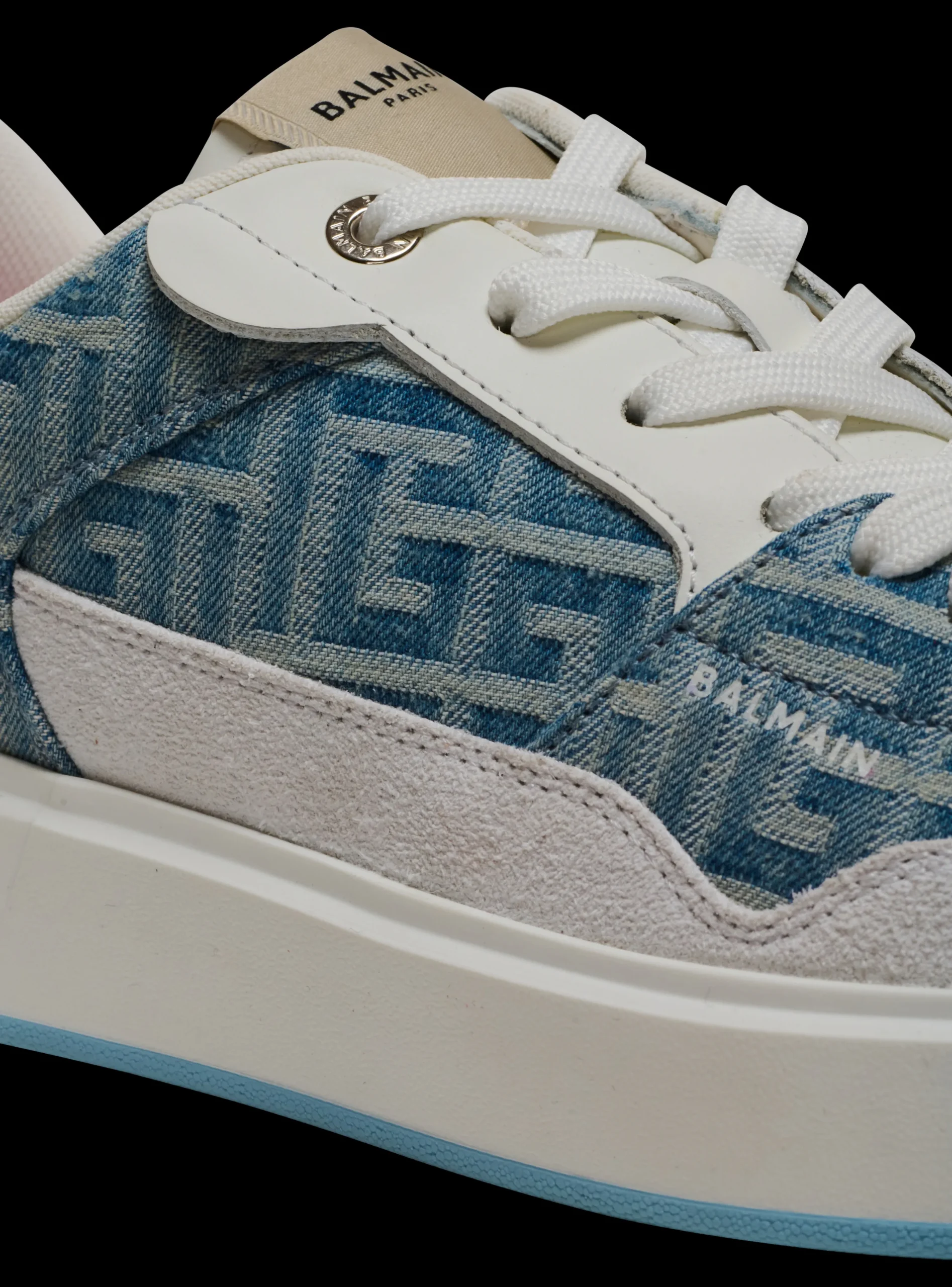 Women Balmain B-Court Flip Trainers In Monogrammed PB Labyrinth Denim