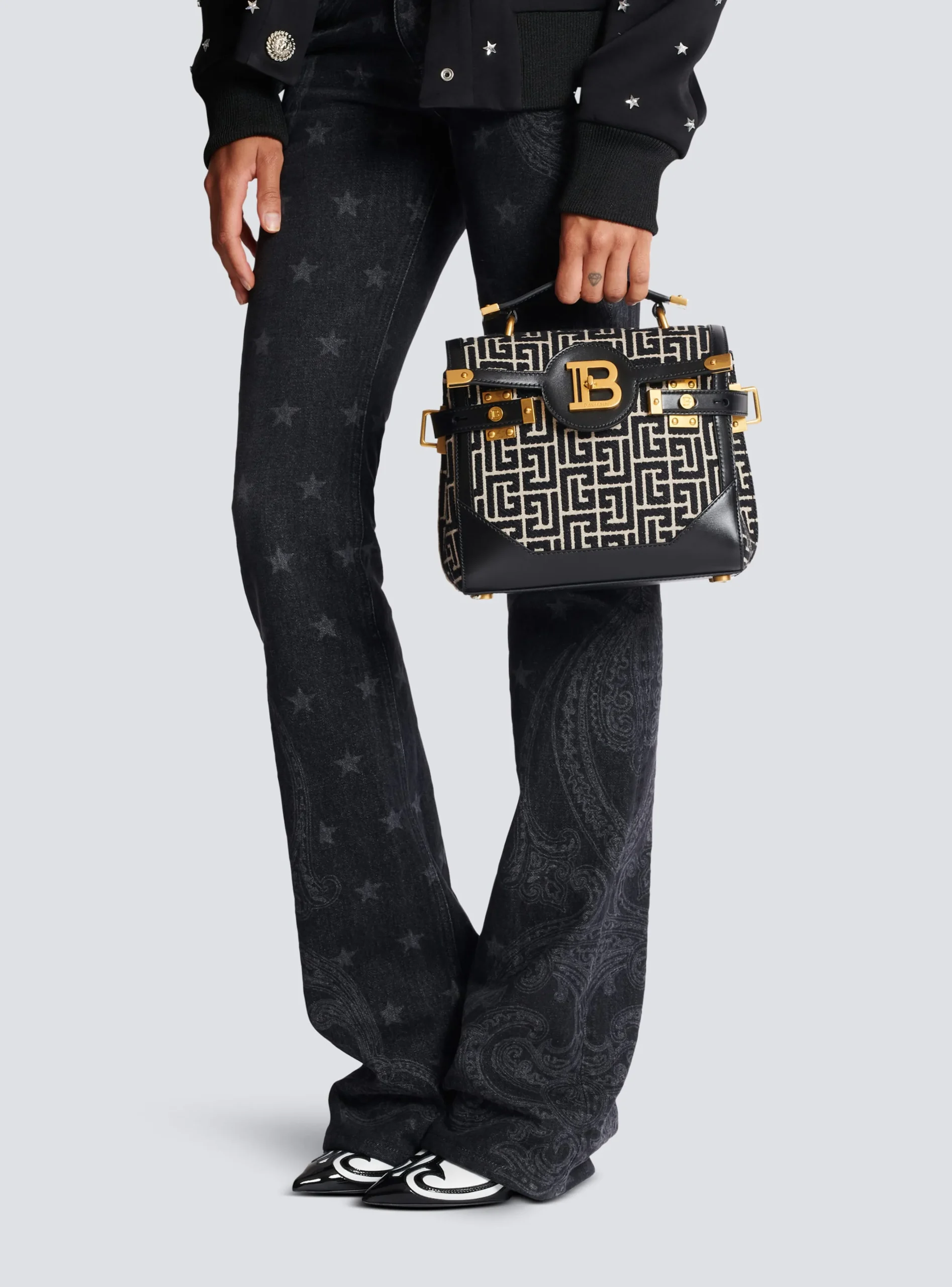 Women Balmain Bicolor Jacquard B-Buzz 23 Bag With Leather Panel