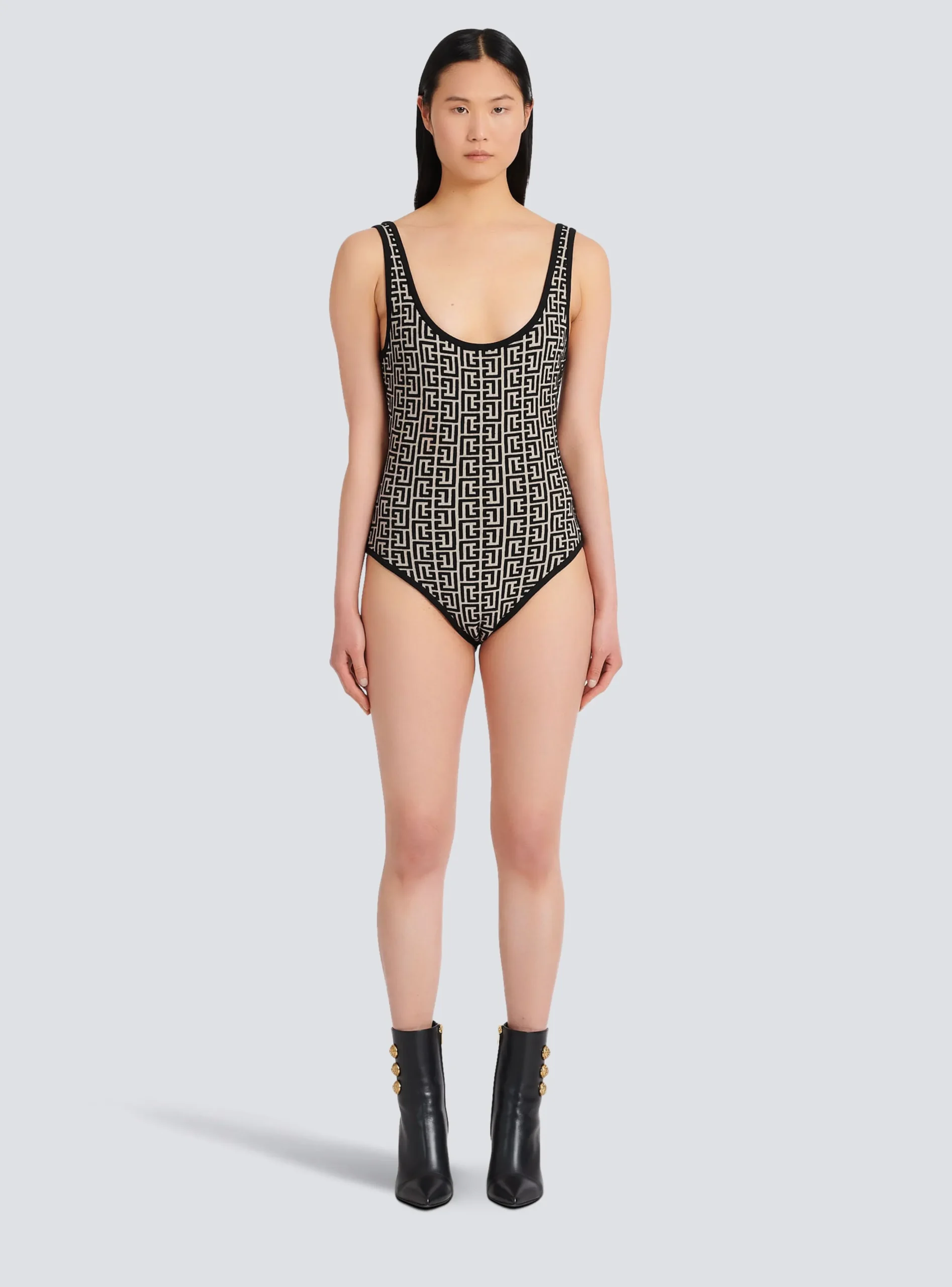 Women Balmain Bicolor Jacquard Bodysuit With Monogram