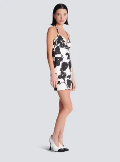 Women Balmain Black And Roses Leather Halterneck Dress