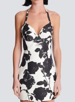 Women Balmain Black And Roses Leather Halterneck Dress