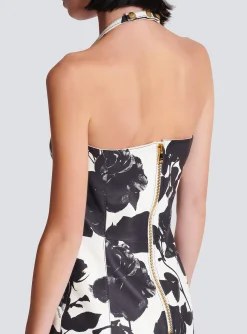 Women Balmain Black And Roses Leather Halterneck Dress