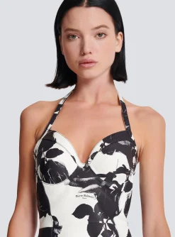 Women Balmain Black And Roses Leather Halterneck Dress