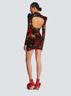 Women Balmain Burnout Velvet Dress With Rose Print