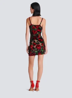 Women Balmain Burnout Velvet Dress With Rose Print