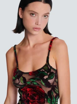 Women Balmain Burnout Velvet Dress With Rose Print