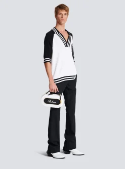 Balmain Calfskin Radio Bag With Signature And Embossed Grid Motif
